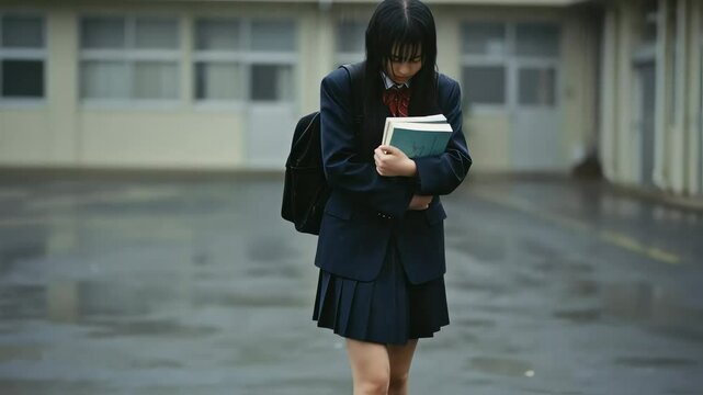 雨でずぶ濡れのまま、本を抱えて歩く女子高生