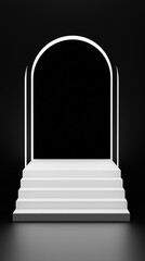 Minimalist white staircase with five steps and arch against black background