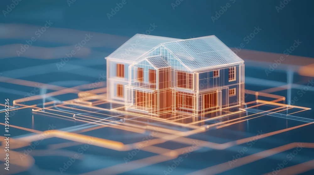 Poster 3d model of a house with digital blueprint overlay for construction and architectural visualization