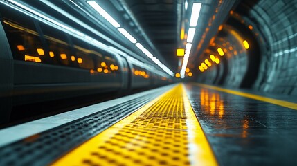 Train at a station with motion blur and yellow platform edge.