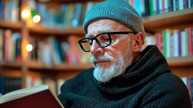 Adult man immersed in a book in a cozy library, featuring warm lighting and rustic wooden furniture. Perfect for tranquil scenes.