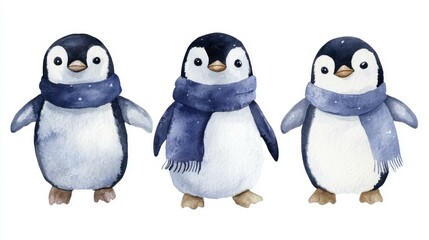 Naklejka premium Three Watercolor Penguins Wearing Blue Scarves Standing on White Background