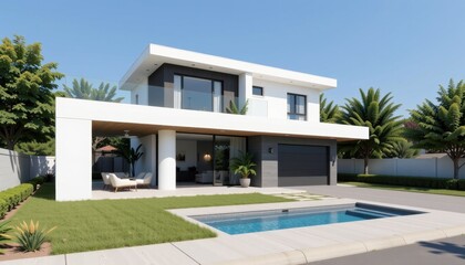 Fototapeta premium Modern house design with pool suburban area real estate photography bright day aesthetic appeal