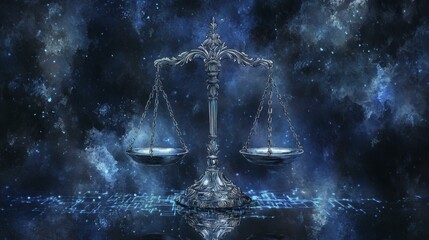 Ornate Silver Scale of Justice Against Cosmic Sky and Digital Grid