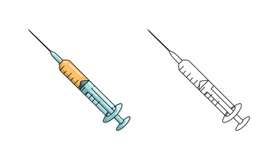 Medical syringe illustration, medical equipment element illustration, Line Drawing, cartoon drawing, vector flat design. suitable for your design needs