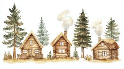 Watercolor Rustic Log Cabins and Pine Trees Landscape