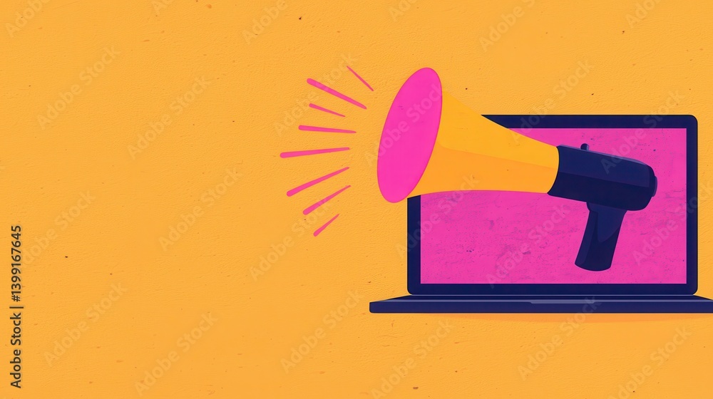 Poster loudspeaker emerges from computer screen with vibrant colors and creative design elements