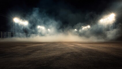 Empty sports ground at night, shrouded in fog and spotlights