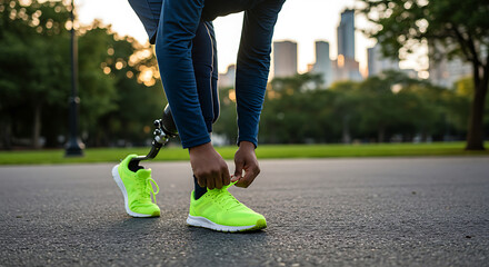 Man with prosthetic leg tying sneakers in urban park before jogging at sunrise