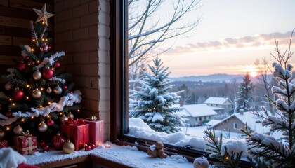 Fototapeta premium Winter morning view with christmas tree cozy cabin scene snowy landscape indoor perspective festive atmosphere