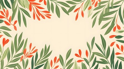 Naklejka premium Elegant Floral Frame Border Green Leaves Orange Flowers Cream Background