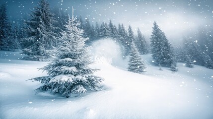Fototapeta premium Snowy Winter Wonderland: A Serene Christmas Tree in a Frosty Mountain Forest