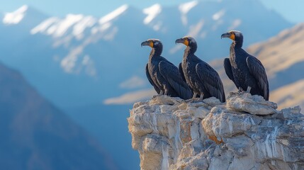 Majestic Andean Condors Perched on a Rocky Outcrop, Breathtaking Mountain Panorama
