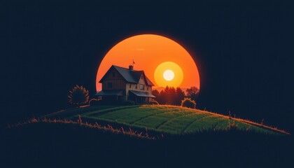 Obraz premium Sunset over a tranquil house serene landscape digital art rural environment warm viewpoint
