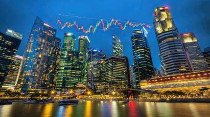 Fototapeta premium Financial market trends overlaid on a vibrant city skyline at night.