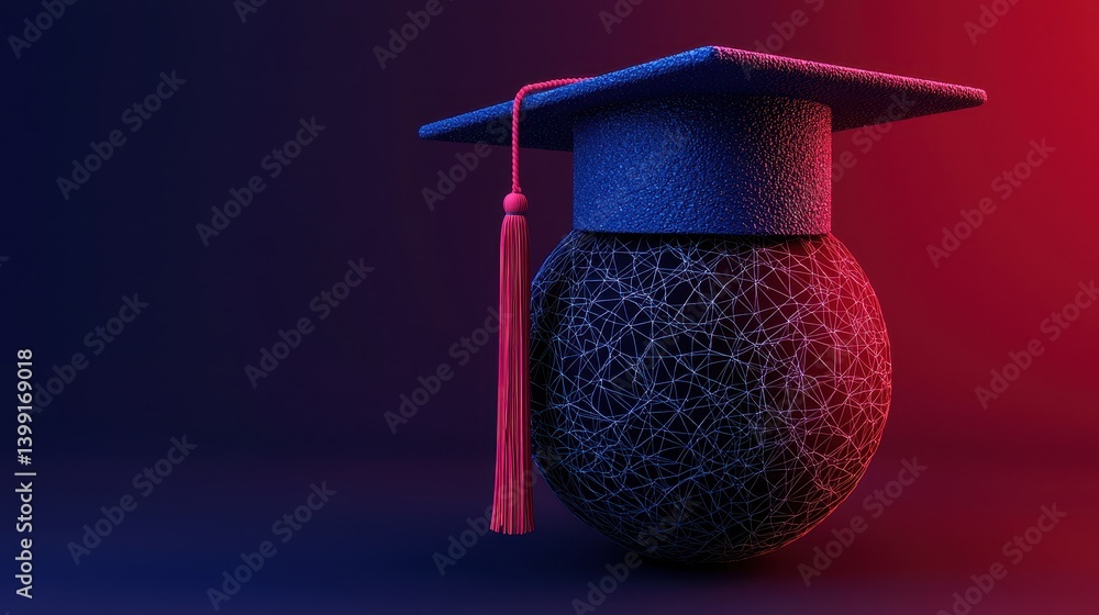 Poster futuristic graduation cap on sphere in neon blue and red background with network pattern design