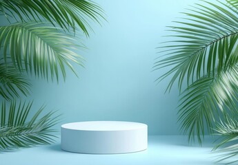 Fototapeta premium A minimalistic display platform surrounded by lush green palm leaves against a soft mint background. perfect for showcasing products or artistic displays in a serene environment
