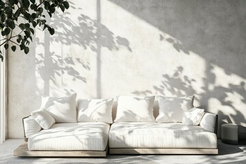 A serene living room featuring a plush. neutral-toned sofa adorned with pillows. complemented by large indoor plants. showcasing sunlight streaming through expansive windows