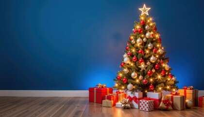 Festive christmas tree with gifts indoor living room holiday decor cozy environment eye-level view celebratory spirit