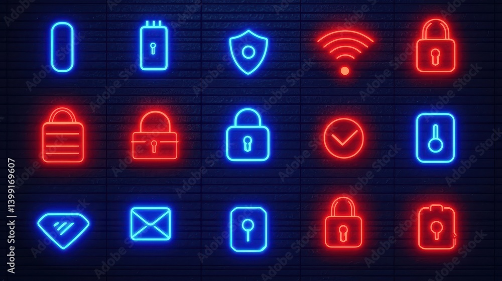 Poster neon security and technology icons in blue and red on dark background for digital concepts and desig