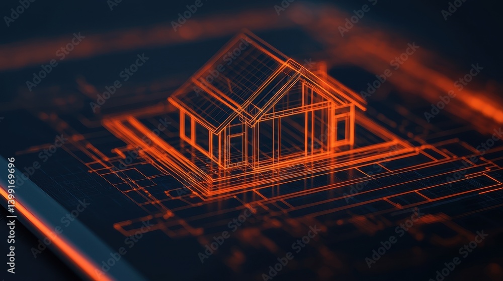 Poster futuristic house concept design in neon lines on digital blueprint background for architecture and d