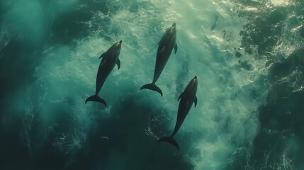 Obraz premium Aerial View of Three Dolphins Swimming in Turquoise Ocean Waters