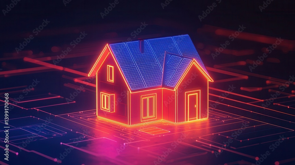 Poster futuristic neon house design on circuit board background with digital elements representing smart ho