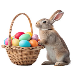 Bunny with Basket of Colorful Easter Eggs – Isolated on Transparent Background