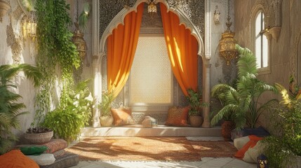 Fototapeta premium A beautifully decorated interior space filled with vibrant greenery and soft light