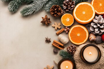 A festive arrangement of pine branches, oranges, pine cones, and candles, evoking a warm and cozy holiday atmosphere.