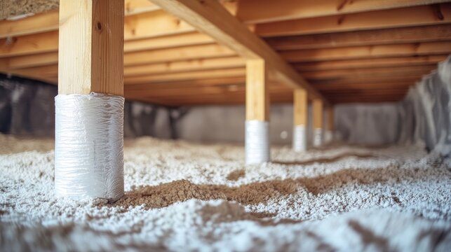 Underneath the House:  A Close-Up View of Insulated Crawlspace with Wooden Support Beams
