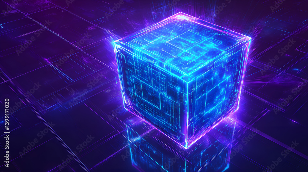 Poster luminous cube in digital realm: an eye-catching, futuristic digital cube radiates with an inner glow