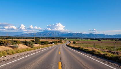 Fototapeta premium Scenic road journey through open fields and mountains rural landscape cloudy sky peaceful environment