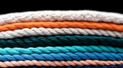 Fototapeta premium A layered stack of colorful ropes creates textured patterns in cool blue, teal, & orange tones