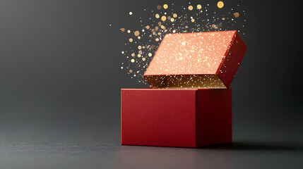 Open Red Gift Box With Sparkling Confetti On Dark Background