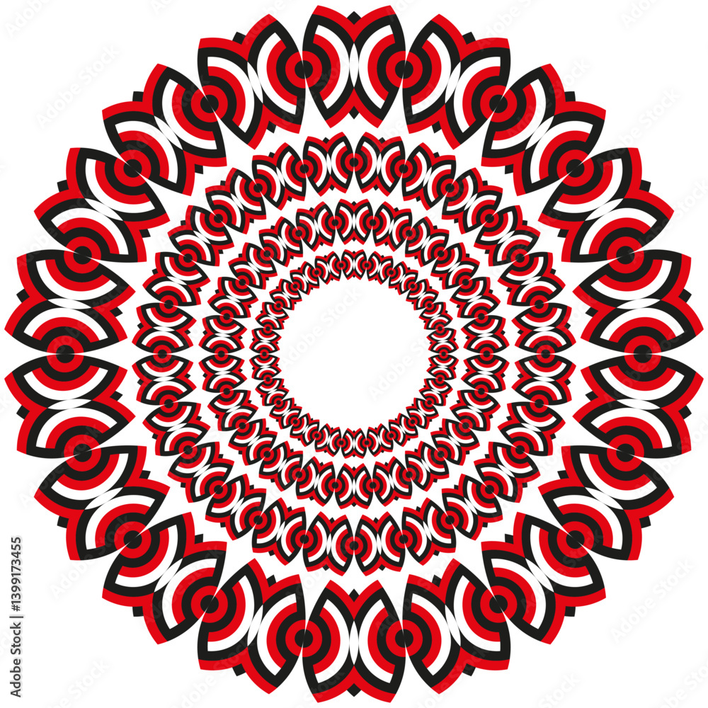 Poster radial pattern structure. repeating red target. circular decorative frame. vector symmetry shape.