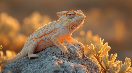 Fototapeta premium Golden Hour Chameleon: A Majestic Reptile Basking in the Sunset's Glow