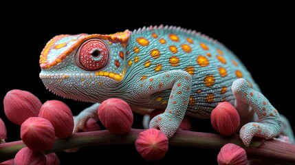 Obraz premium Vibrant Panther Chameleon on Red Berries