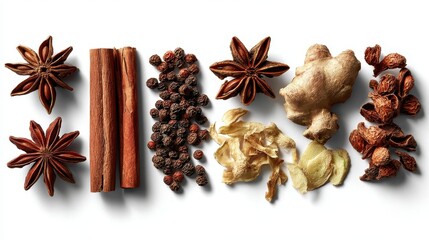 A lateral view of popular Chinese spices including star anise, Chinese cinnamon, Sichuan peppercorns, and dried ginger, placed on a white background, highlighting their natural, earthy tones.
