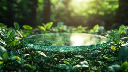 Transparent disc in forest, sunlight, nature display