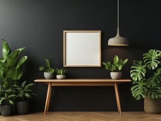 Modern minimalist entryway with plants and wood table