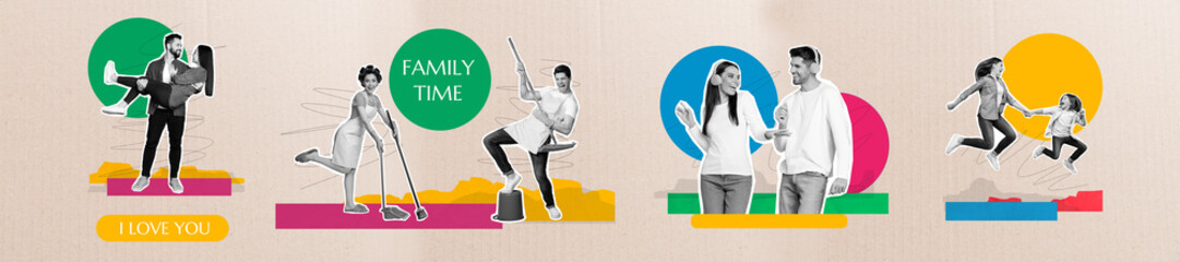 Creative collage showcasing family moments and dynamics with modern colorful graphic overlays and...