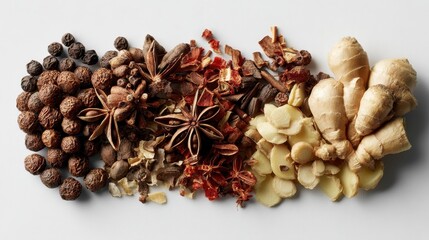 Obraz premium Lateral side view of traditional Chinese spices including Sichuan peppercorns, star anise, Chinese cinnamon, and dried ginger, placed against a clean white background