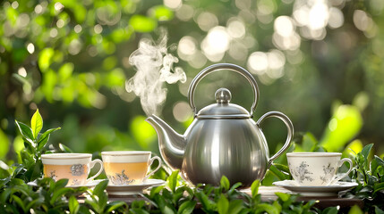 Steaming teapot with teacups, outdoors, sunlit garden background, ideal for relaxation and wellbeing imagery