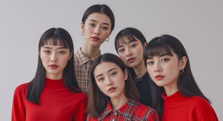 Obraz premium chinese teens group on red plain bright background modern chic fashion pose model portrait portrait banner with copy space ad concept marketing