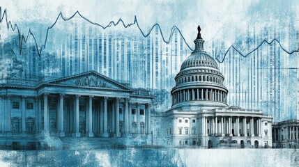 US Capitol Building and Treasury Department Amidst Economic Downturn Stock Market Graph