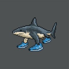 Shark wearing sneakers, pixel art meme