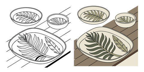 Palm Leaf Plates Design, black and white with coloring easter eggs silhouette under a tropical palm tree at sunset
