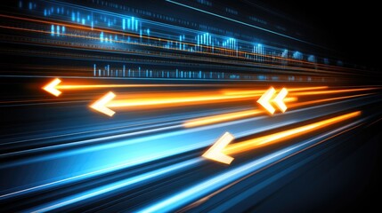 A D financial graph with bold lines and arrows indicating market growth. Stock prices and percentages are displayed on the side, with a background of stock market data.