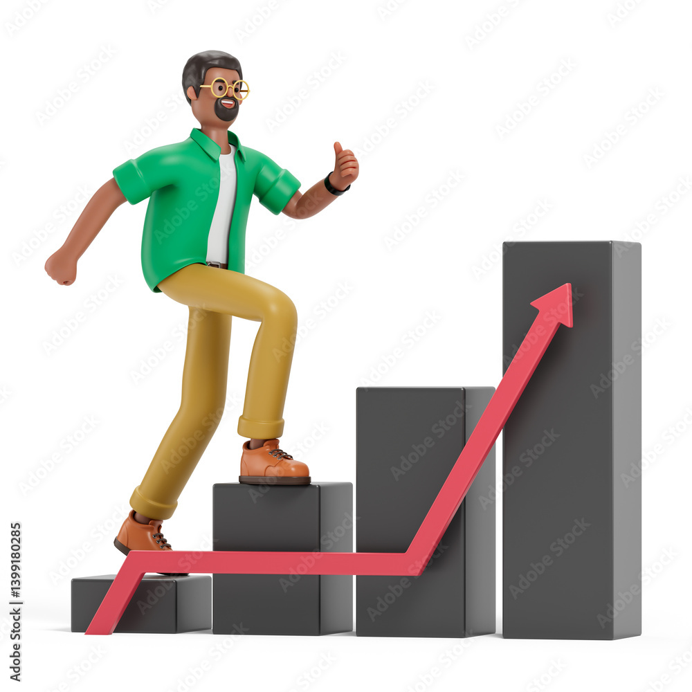 Poster man climbing a bar graph, symbolizing growth or success in business. 3d rendering, conceptual image.
